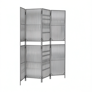 Paravent moderne pliable en polyrotin gris à 4 panneaux, design translucide - Product Image 1