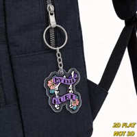 Porte-clés « My Knees Hurt Bone & Flower » avec bannière violette et jambes de squelette, breloque en acrylique découpée pour clés ou sac