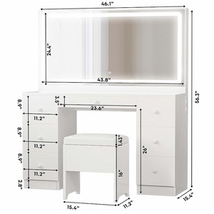 Coiffeuse de style récent avec miroir et éclairage LED lumineux avec 7 tiroirs et étagères Prise électrique pour chambre à coucher Blanc - Product Image 4