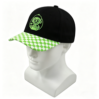 Casquette de baseball structurée à 6 panneaux avec logo personnalisé, motif singe de dessin animé brodé, noir et vert à carreaux, pour streetwear