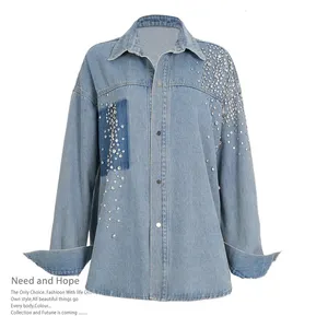 Autumn Street Wear Custom ODM Blue Jean Outdoor Motorcycle diamond Jacket Women Rhinestone Denim Jacket