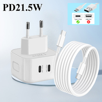 Chargeur électrique double port Type-C PD 21,5 W, prise EU/UK/US/AU, câble USB-C, charge rapide pour téléphones mobiles, montres intelligentes, écouteurs