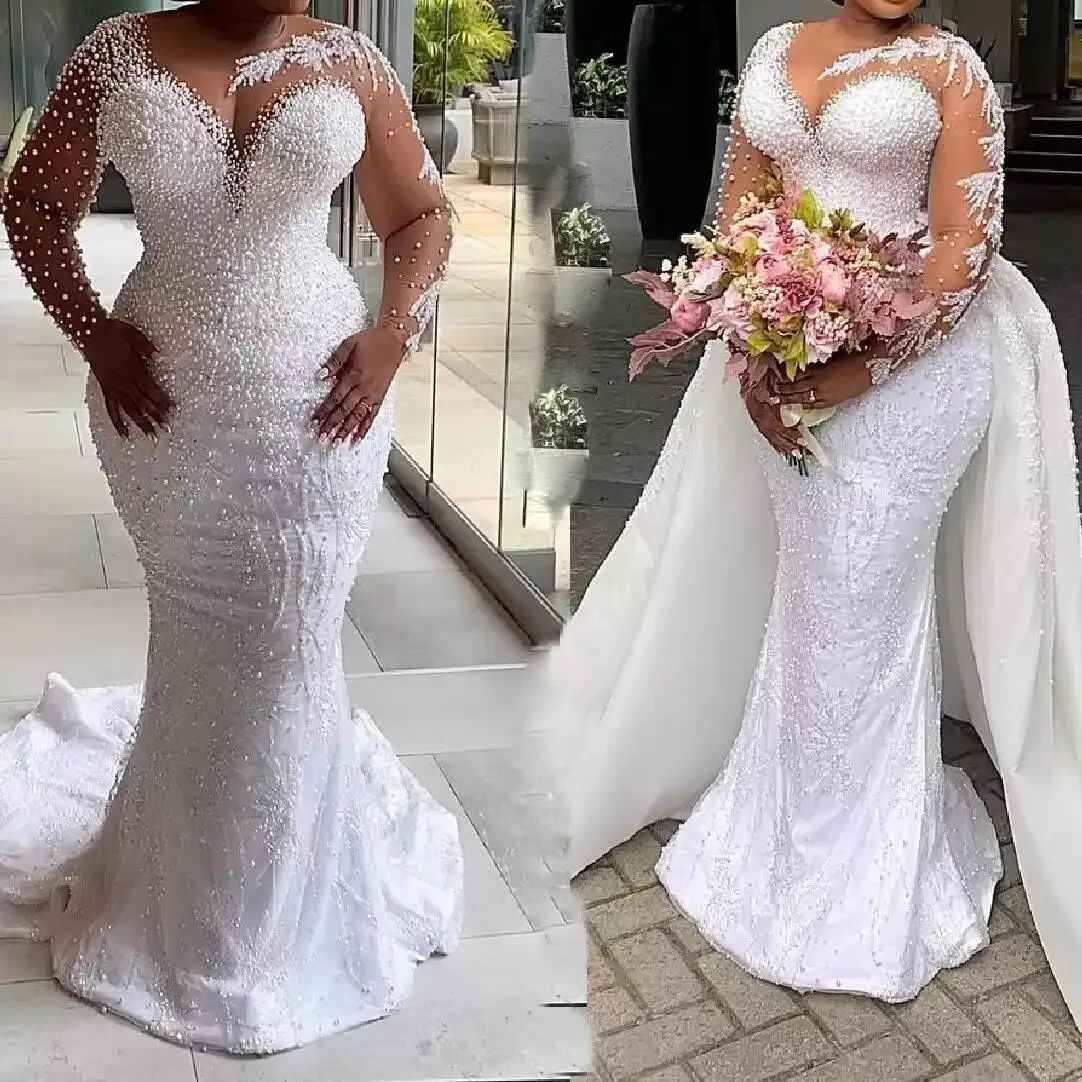 2023 Sexy African Mermaid Wedding Dresses Bridal Gown with Detachable Train Long Sleeves Lace Applique Crystals Beaded Dress
