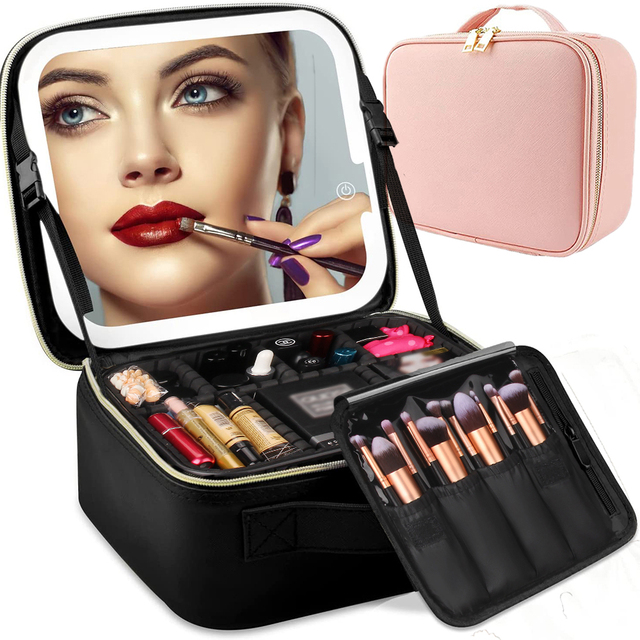 Adjustable Storage Box Case Travel Makeup Bag with LED Light Cosmetic Mirror Portable Organizer with Adjustable Dividers