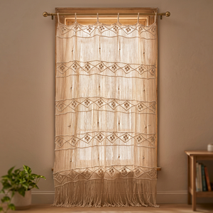 Rideau de porte rectangulaire en macramé beige, draperie de fenêtre en coton perlé, suspension murale bohème, écran d'intimité intérieur, personnalisé pour salon - Product Image 2