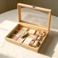 Boîte de rangement en bois de pin naturel avec couvercle à clapet en verre, boîte de rangement de bureau pour artisanat, bijoux, papeterie, collection