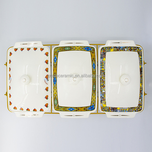 New chafing món ăn tự chọn Set sứ 3 cái Saba Nữ Hoàng ethiopian thiết kế hình chữ nhật tự chọn gốm thực phẩm ấm hơn Set với khung sắt - Product Image 6