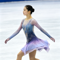 Costume de patinage artistique bleu dégradé lavande, robe à manches longues avec dos en maille et strass pour filles et adultes, performance sur glace
