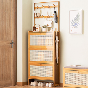 <b>Shoe</b> Cabinet with 3 Rattan Flip Drawers Bamboo Storage Coat <b>Hooks</b> Freestanding Entryway Organizer - Product Image 1