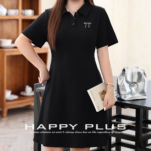 ชุดเดรสโปโลสีพื้นเรียบง่ายสำหรับผู้หญิงสวมใส่สบายๆ ทุกวันสีดำแขนสั้นเดรสยาวดีไซน์กระดุมเอวธรรมชาติ - Product Image 3