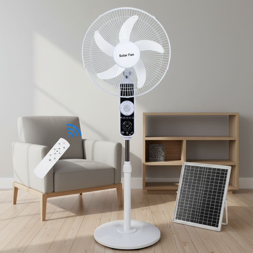 16-inch 12V AC/DC Plastic Solar & Battery Powered Remote Control Music Fan for Outdoor Home Car & Hotel Use