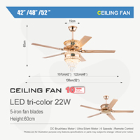 Nouveau ventilateur de plafond moderne de luxe de 52 pouces, plaqué or, à diodes LED, 220V, corps en fer, décoration de la maison, ventilateur de plafond pour hôtel