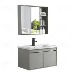 Meuble de salle de bain mural en acier inoxydable Lavabo en céramique monobloc gris avec miroir Forme rectangulaire