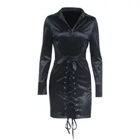 유럽과 미국 바람 가을 새로운 스타일 벨트 만두 스커트 섹시한 높은 허리 주름 치마 블랙 옷깃 긴팔 드레스