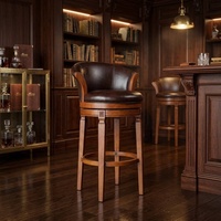 Chaise haute de style américain traditionnel en bois massif avec dossier rembourré en cuir et base chromée pour bar à domicile, salle à manger, îlot de cuisine
