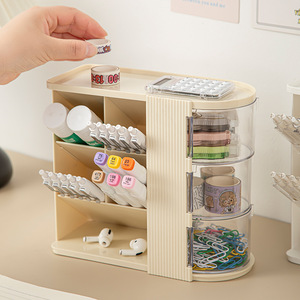 Desktop Storage Box <b>Drawer</b> Type Cream White Multi Functional Pen Holder Student Office <b>Desk</b> Organizer Large Capacity Shelf - Product Image 1