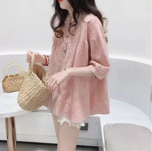 클리어런스 세일 맞춤 디자인 한국 패션 여성 여름 루즈핏 반팔 셔츠 블라우스 - Product Image 4