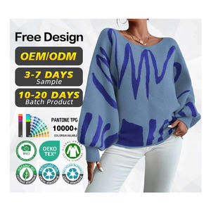 Suéter de certificación BSCI, venta directa de fábrica, suéter de punto de poliéster Jacquard suelto para mujer, suéter con manga farol - Product Image 1