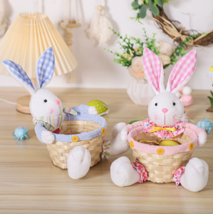 DAMAI Wholesale Easter Decor Cartoon Plaid Fabric Rabbit Doll Candy Woven Basket Creative Tabletop Decoration Centerpiece - Product Image 1
