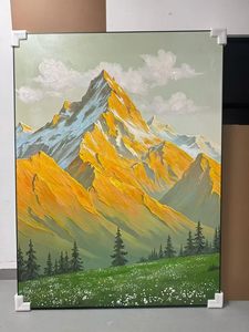 Peinture à l'huile abstraite contemporaine de paysage de prairie aux fleurs sauvages et sommets dorés, faite à la main, décoration de luxe pour galerie et maison - Product Image 1