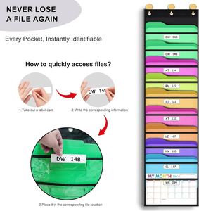 10-Pocket Hanging Wall <b>File</b> Organizer Black Transparent Pockets Space-Saving Design 47''H X 14''L Chart Hooks <b>Paper</b> Storage - Product Image 3
