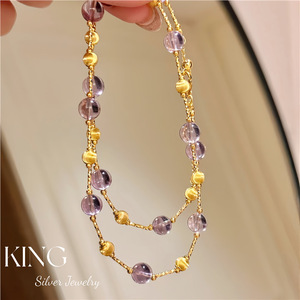 King Silver Jewelry Two Tone Amethyst Necklace <b>Bracelet</b> Set 925 Sterling Silver Plated Gold Women Fashion Gift - Product Image 1