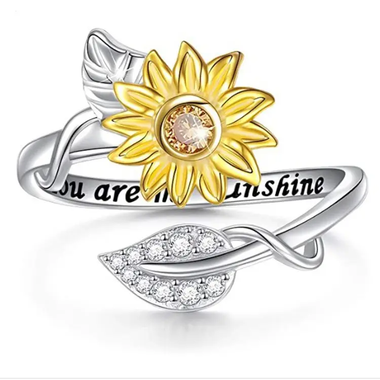 Suxuan takı ayçiçeği emaye papatya çiçek halka açılış benim Sunshine mektubu tasarımcı altın yüzük Cz ayarlanabilir yüzük