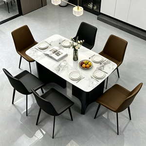 Ensemble de table à manger rectangulaire moderne en pierre frittée, plateau veiné blanc et gris avec 6 chaises en PU multicolores, meubles de salle à manger pour la maison - Product Image 1