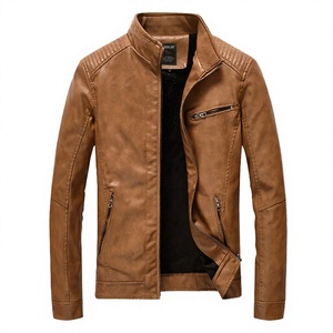 Chaqueta de Cuero PU con Cuello Alto Marrón para Hombre, Ropa Exterior Casual de Motocicleta, Resistente al Viento e Impermeable para Otoño e Invierno - Product Image 3