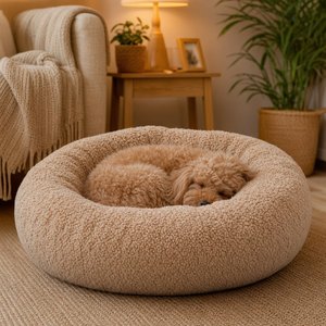 Coussin rond apaisant pour chien et chat Teddy Sherpa, antidérapant, durable, lavable, en peluche douce, pour intérieur, articles pour animaux de compagnie, OEM ODM - Product Image 1