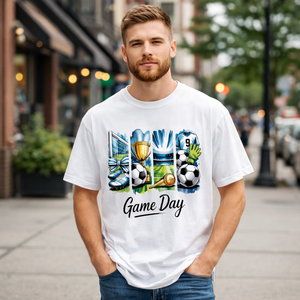 Camiseta de Manga Corta con Cuello Redondo y Estampado de Trofeo y Equipamiento de Fútbol Estilo Cómic Blanco, Logotipo Personalizado Impreso, Informal, de Algodón para Hombre - Product Image 1