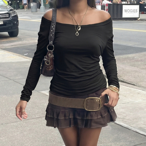 Top de Punto Reversible Sexy para Mujer, Espalda Descubierta, Cuello Drapeado, Manga Larga con Encaje, Hombros Descubiertos, Estilo Y2K, Ropa Urbana, Poliéster/Algodón - Product Image 3