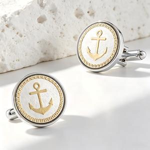 Gemelli da Uomo con Ancora Nautica, Motivo <span class=keywords><strong>Meander</strong></span>, Placcati Oro, Rotondi, Regalo per Testimoni di Nozze - Vendita all'Ingrosso - Product Image 1