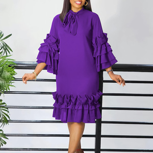 <span class=keywords><strong>Robe</strong></span> élégante à col noué pour <span class=keywords><strong>femme</strong></span>, collection Printemps 2026, manches 3/4 à volants, motif uni, longueur genou, coupe ample, idéale pour le bureau et les occasions formelles - Product Image 3