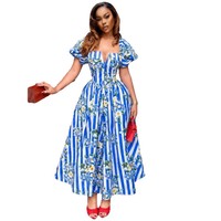 Robe mi-longue à imprimé floral rayé pour femmes, avec col carré et manches bouffantes, taille haute, élégante, robe de soirée décontractée