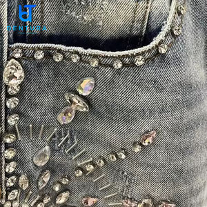 <span class=keywords><strong>Short</strong></span> <span class=keywords><strong>en</strong></span> <span class=keywords><strong>Jean</strong></span> Jorts pour Homme de Haute Qualité du Fabricant, Coton Vintage avec Logo Personnalisé, Délavage Acide, Effet Délavé par le Soleil et Strass - Product Image 2