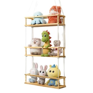 Solid Wood Three Tier <b>Hanging</b> Shelf <b>Wall</b> Mounted Stuffed Toy Organizer For Childrens Room Bedroom Decorative <b>Storage</b> Rack - Product Image 5
