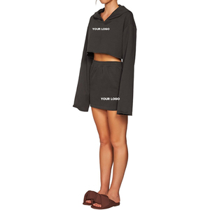 K210650 2025長袖ショーツセット女性<span class=keywords><strong>2</strong></span>ピースクロップトップフーディーシャツ膝丈スカートセット女性夏服 - Product Image 4