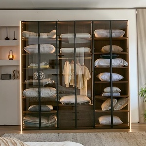 <span class=keywords><strong>Armoire</strong></span> durable en mélamine noyer avec portes en verre à cadre noir, éclairage LED intégré et tiroirs pour le rangement de la chambre - Product Image 2