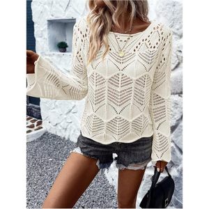 Women's <b>Crochet</b> Sweater Hollow Out Lightweight Crew Neck <b>Long</b> <b>Sleeve</b> Casual Pullover Knit <b>Top</b> Summer Breathable 180g - Product Image 5