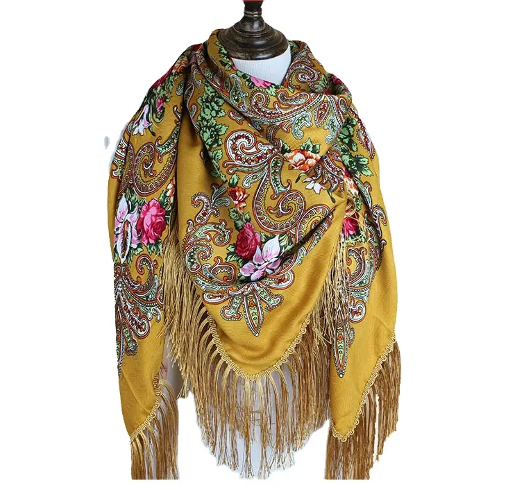 Wholesale Tassel fringe Printed Woman Wind Large Square Shawl Russian Scarf