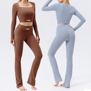 طقم ملابس نسائية خريفية من قطعتين، بلوزة بأكمام طويلة وياقة مربعة ضيقة، وبنطلون واسع عالي الخصر، مناسب لليوغا والرياضة - Product Image 1