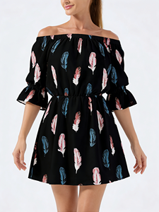 Women's Off-the-Shoulder <b>Feather</b> Print Everyday Midi A-Line Dress Flare Sleeves Natural Waist Summer Daily Casual Wear - Product Image 5