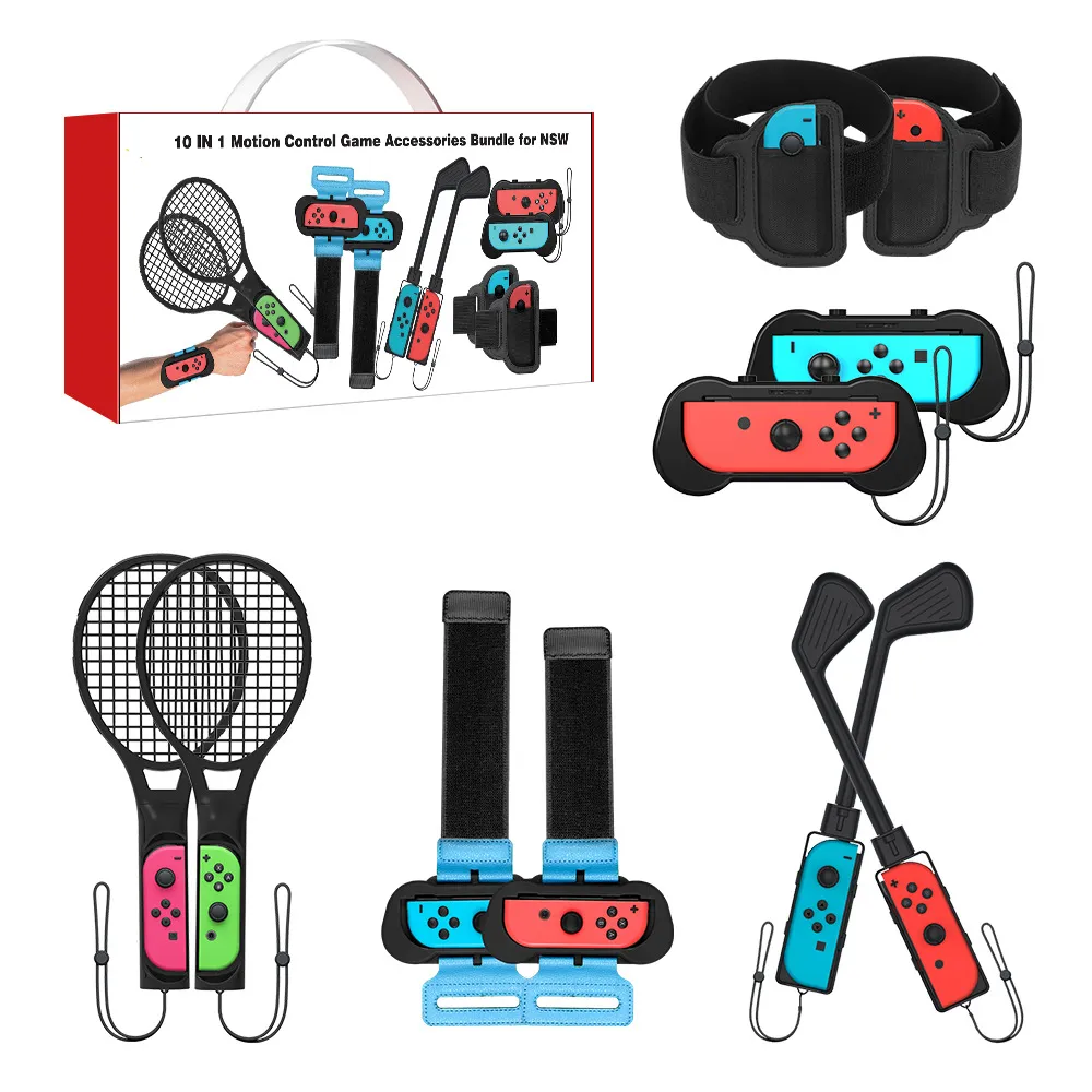 Комплект спортивных теннисных ракеток 10 в 1, ремешок для ног в гольф-клубах, браслет на запястье, игровые аксессуары для Nintendo Switch