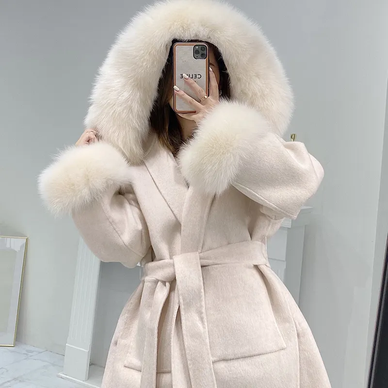 Korean Style Woolen Winter Coat Hooded Short Natural Fox Fur Collar Small Batch Clothing Custom Processing