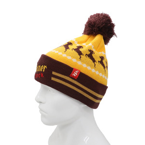 Brown High Quality 100% Acrylic Custom Embroidery Logo Jacquard Knitted Beanie <b>Hat</b> Unisex Adults Kids <b>Pompom</b> <b>Hat</b> - Product Image 3
