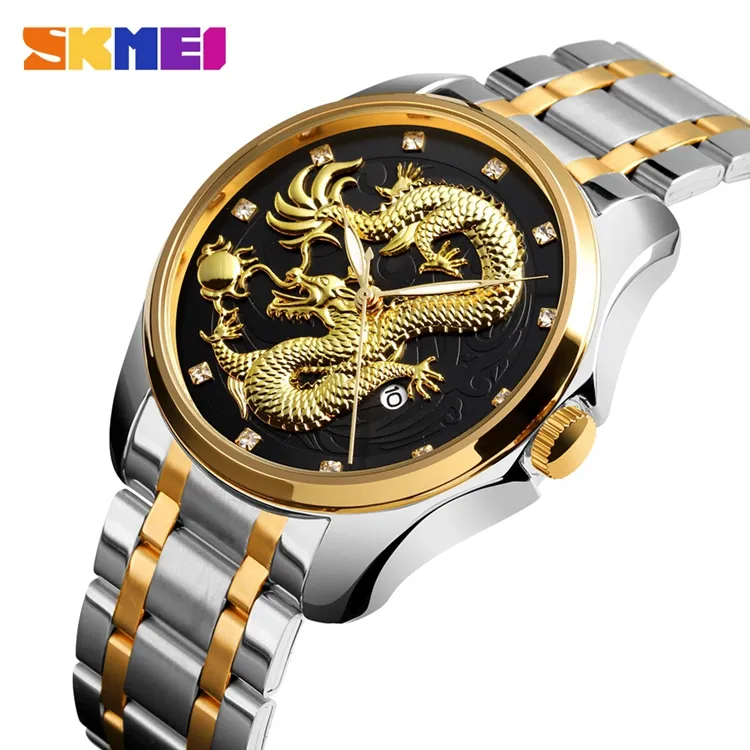 SKMEI 9193 Quartz Watches Men Gold Stainless Steel Watch Bezel Luxury Luminous Dragon Hand Watches Men