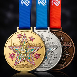 Ensemble <span class=keywords><strong>de</strong></span> médailles étoiles Or, Argent, Bronze avec figurine <span class=keywords><strong>de</strong></span> gymnaste gravée, <span class=keywords><strong>texte</strong></span> Compétition Moscou, ruban bleu pour récompense <span class=keywords><strong>de</strong></span> gymnastique rythmique - Product Image 5