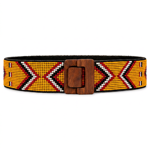 Ceinture tressée ethnique bohème perlée à motif géométrique avec boucle élastique en bois, accessoire de taille large décontracté - Product Image 1