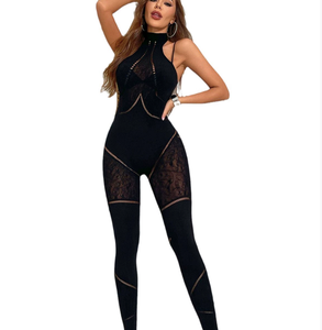 <span class=keywords><strong>Tuta</strong></span> Aderente Sexy Traforata CUTENOVA Z927JP04 per Donna, Body Nero con <span class=keywords><strong>Pizzo</strong></span> Trasparente, Motivo Uniforme per Feste - Product Image 1